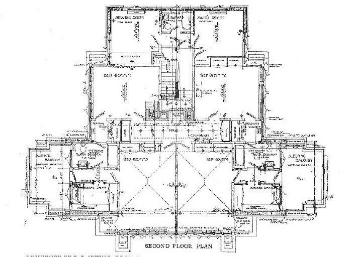 Second floor plan
House for E. P. Irving
Frank Lloyd Wright, architect
Hermann V. von Holst, architect
Marion Mahony Griffin, associated architect
Decatur, Illinois