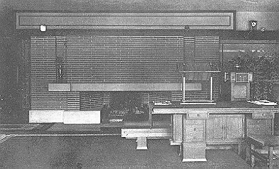 Interior detail, fireplace and sofa table
House for E. P. Irving
Frank Lloyd Wright, architect
Hermann V. von Holst, architect
Marion Mahony Griffin, associated architect
Decatur, Illinois