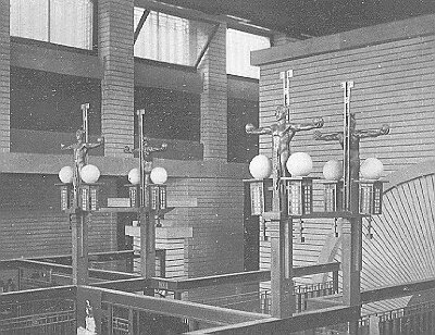Interior detail, light fixtures with sculptural figures
by Richard Bock
City National Bank
Frank Lloyd Wright, architect
Mason City, Iowa