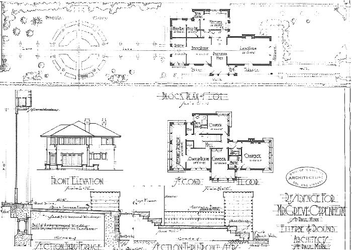 Plat of grounds, first and second floor plans, front
elevation and terrace section
Greve Oppenheim residence
Ellerbe and Round, architects
St. Paul, Minnesota