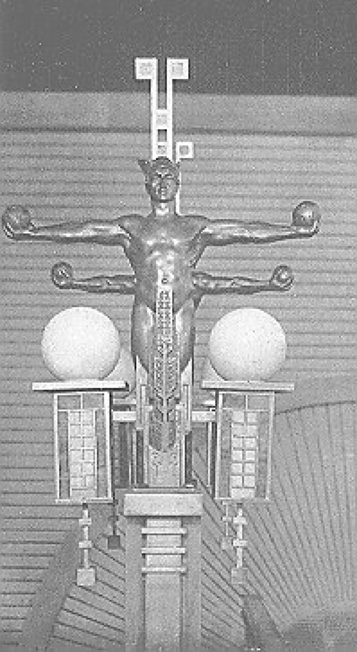 Interior, light fixture with sculptural figure by
Richard Bock
City National Bank
Frank Lloyd Wright, architect
Mason City, Iowa
1911