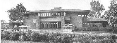Exterior, right perspective view
House for E. P. Irving
Frank Lloyd Wright, architect
Hermann V. von Holst, architect
Marion Mahony Griffin, associated architect
Decatur, Illinois