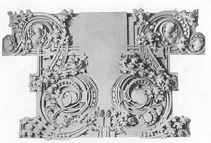 Terracotta crown panel
Edison Shop
Purcell, Feick, and Elmslie, architects
Manufactured by American Terracotta and Ceramic Company
Chicago, Illinois
1912
