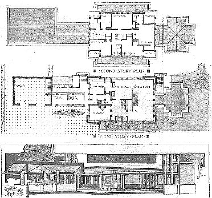 Floor plans and section
House for B. J. Ricker
Walter Burley Griffin and Marion Mahony Griffin,
architects
Grinnell, Iowa