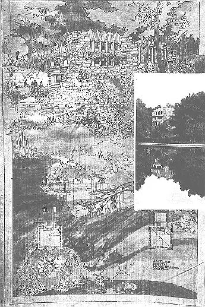 Presentation rendering, overlayed with two photographs
House for J. G. Melson, Rock Glen development
Walter Burley Griffin and Marion Mahony Griffin,
architects
Mason City, Iowa