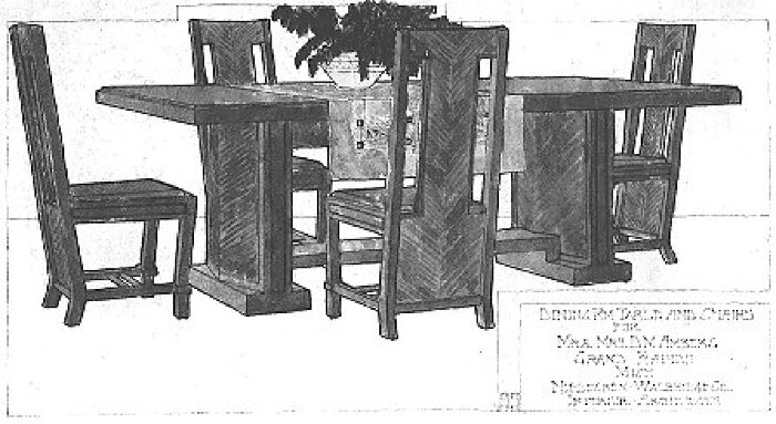 Furniture rendering, dining room table and chairs
House for D. M. Amberg
Hermann V. von Holst, architect
Marion Mahony Griffin, associated architect
Grand Rapids, Michigan
Manufactured by Niedecken and Walbridge