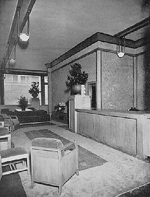Interior, second floor view toward street
Edison Shop
Purcell, Feick, and Elmslie, architects
Furnishings and interior elements manufactured by
Niedecken and Wallbridge
Chicago, Illinois
1912