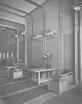 Interior, first floor view toward street
Edison Shop
Purcell, Feick, and Elmslie, architects
Furnishings and interior elements manufactured by
Niedecken and Wallbridge
Chicago, Illinois
1912