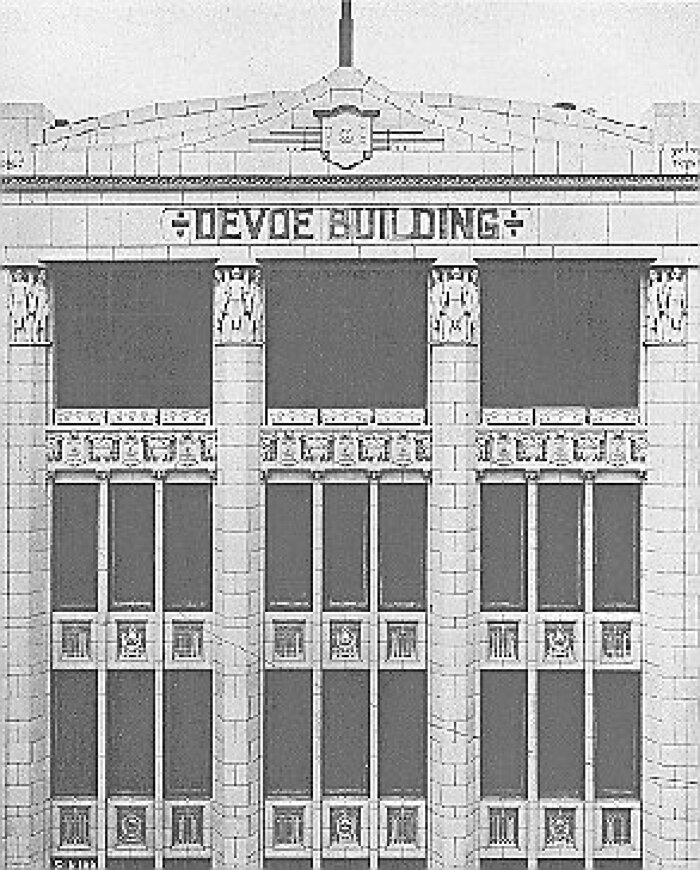 Exterior detail, front upper stories
Devoe Building
Hill and Woltersdorf, architects
Chicago, Illinois