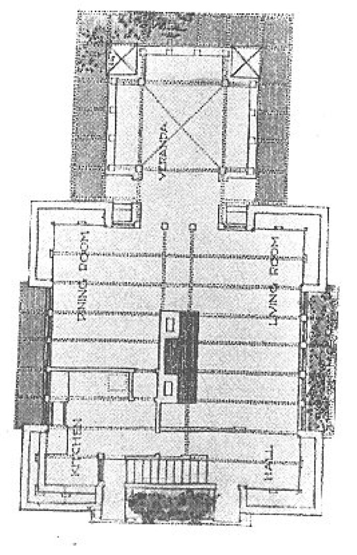First floor plan
House for Rule, Rock Glen development
Walter Burley Griffin and Marion Mahony Griffin
Mason City, Iowa