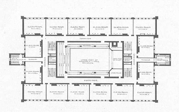 Second, third, and fourth floor plans
School for the Chicago Board of Education
Dwight H. Perkins, architect
Chicago, Illinois
