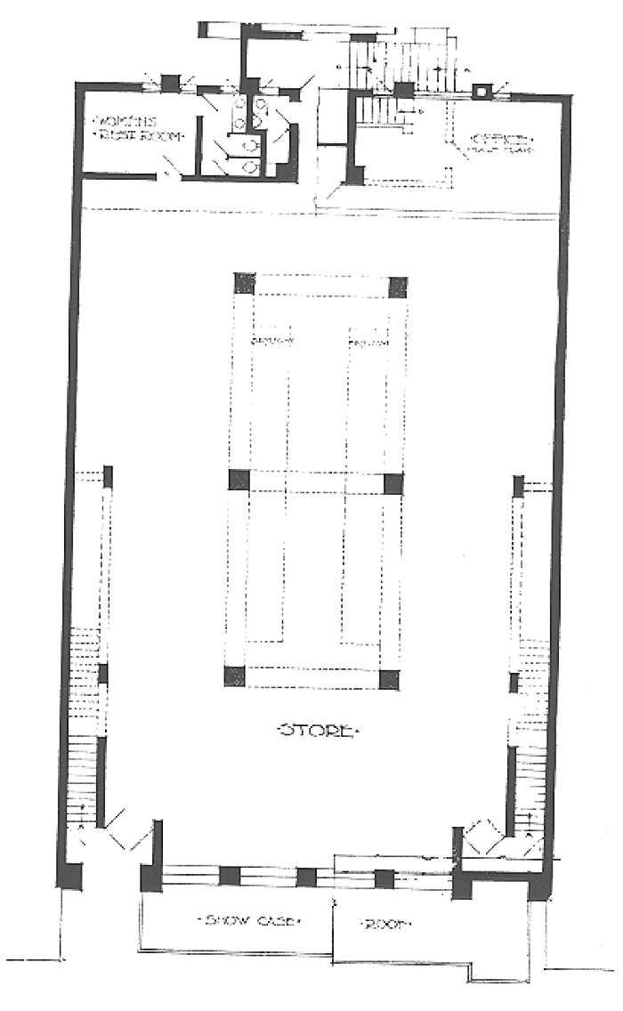 Commercial floor plan
Store and Apartment Building
Walter Burley Griffin and Marion Mahony Griffin,
architects
Chicago, Illinois