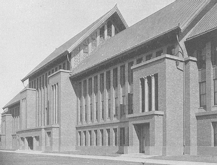 Exterior perspective, detail view
Carl Schurz High School
Perkins, Fellows, and Hamilton, architects
Chicago, Illinois