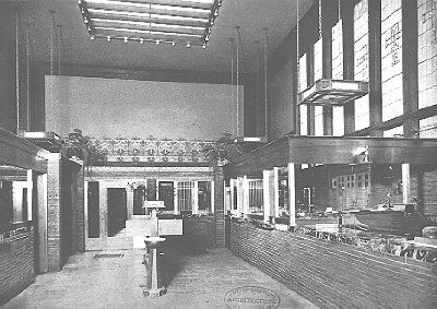 Interior, main banking room looking toward rear
Merchants National Bank
Louis Henri Sullivan, architect
Grinnell, Iowa