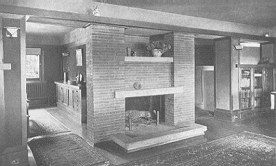 Interior, showing living room fireplace and dining room
sideboard
House for Charles J. Barr
Guenzel and Drummond, architects
River Forest, Illinois