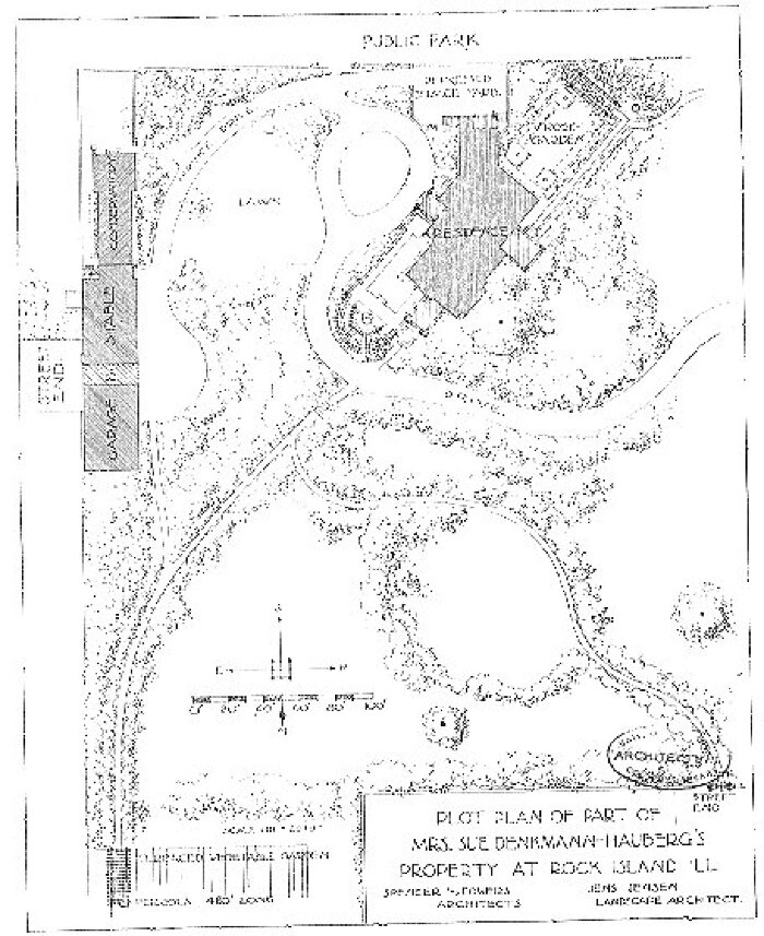 Plat of grounds
Sue Denkman (Mrs. J. H. Hauberg) residence
Spencer and Powers, architects
Rock Island, Illinois
Jens Jensen, landscaping